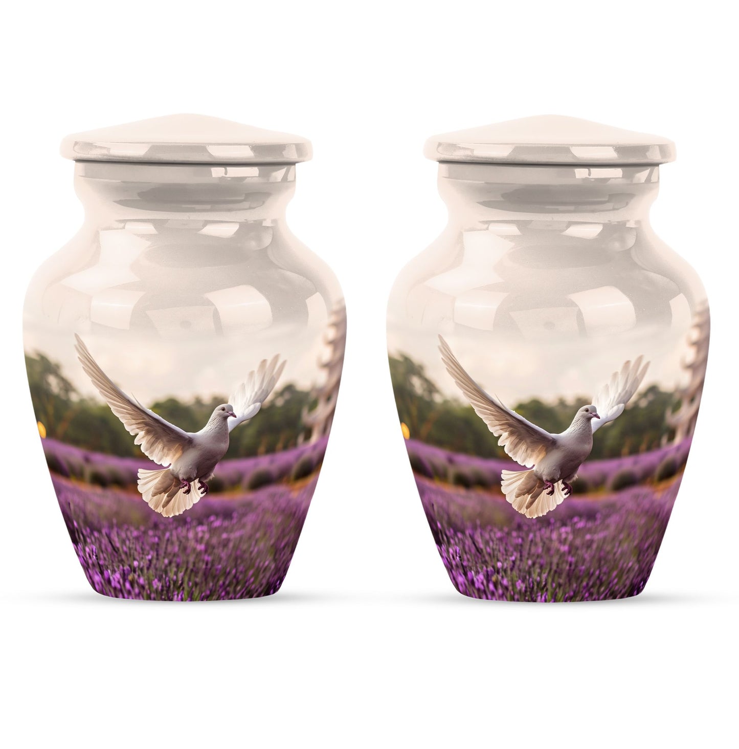 10 Inch white dove on purple classic urn.
