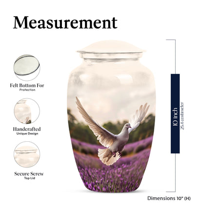 10 Inch white dove on purple classic urn.