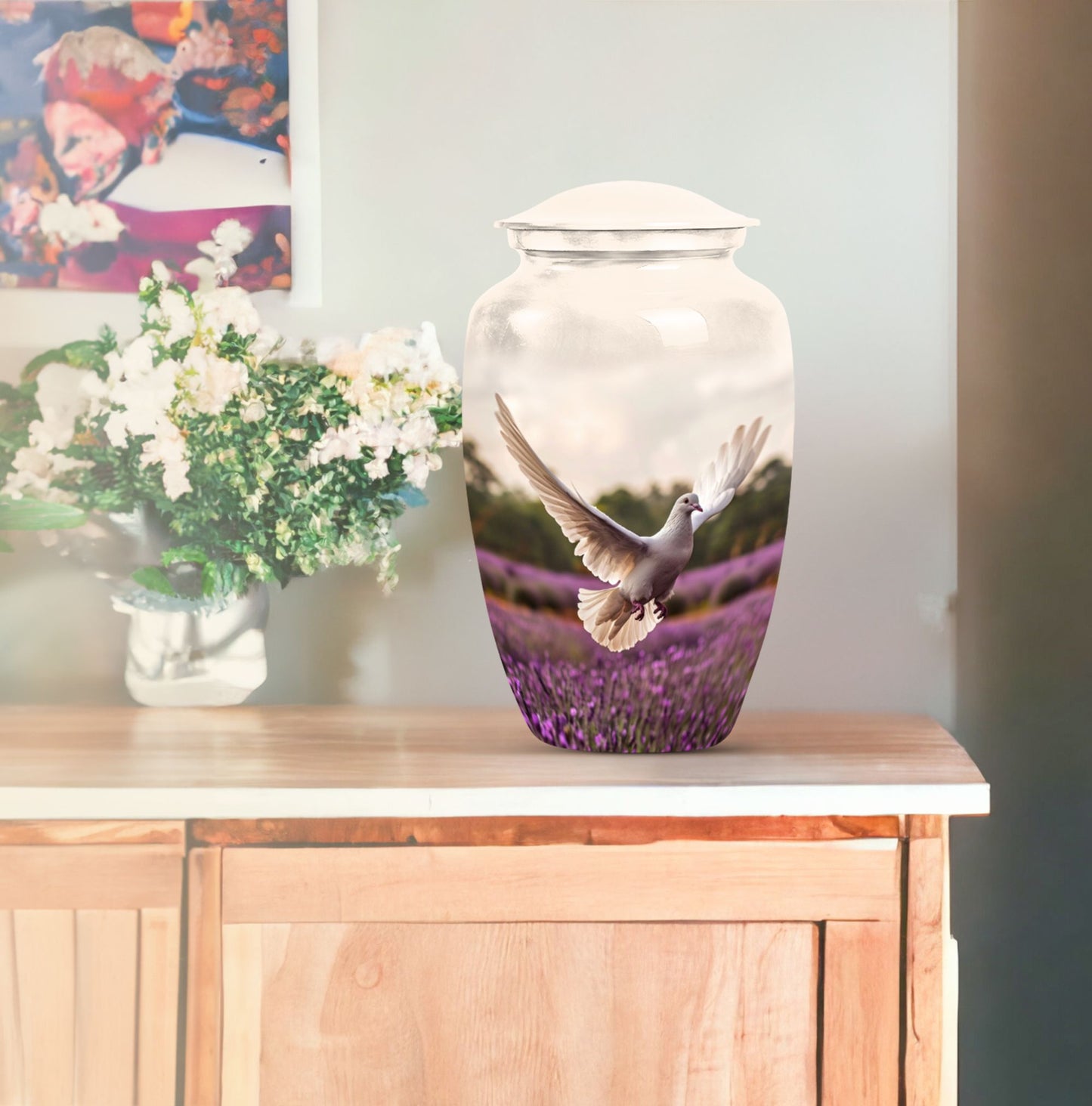 10 Inch white dove on purple classic urn.