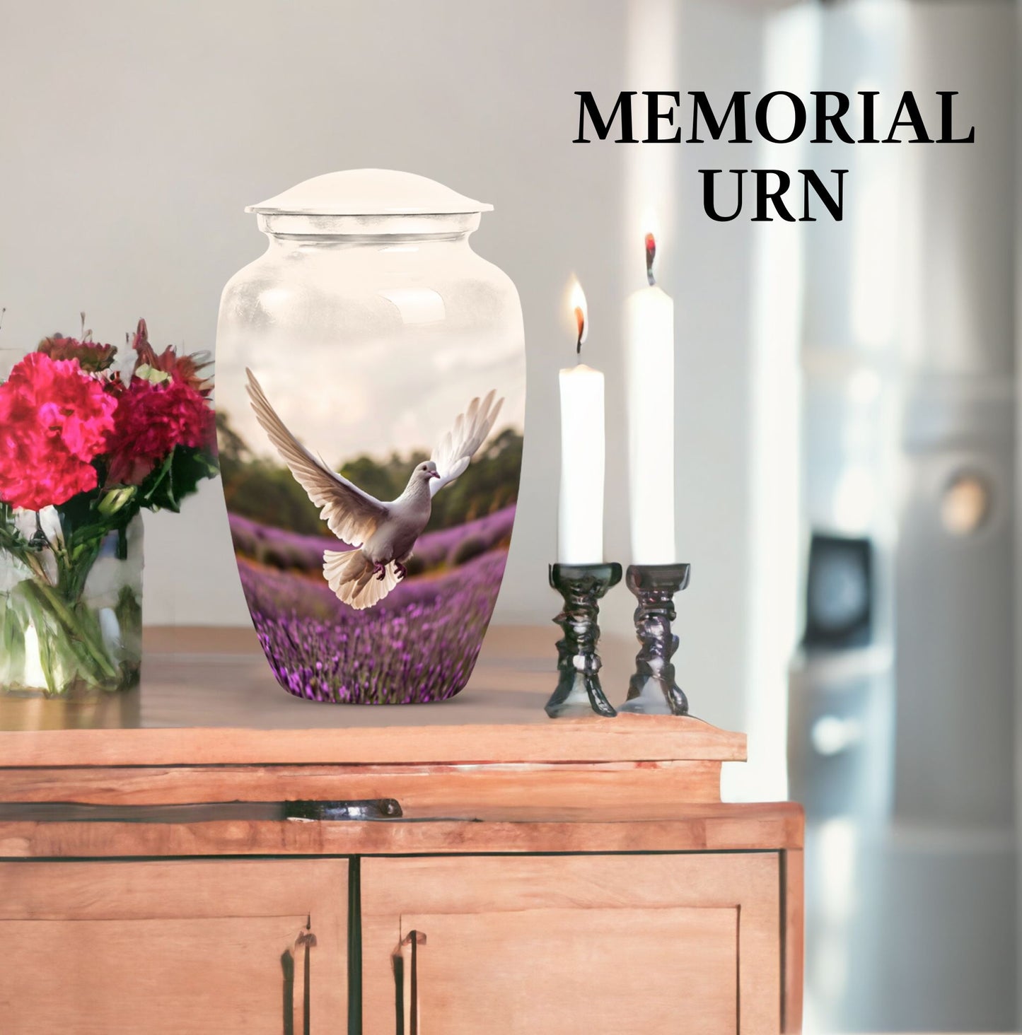 10 Inch white dove on purple classic urn.