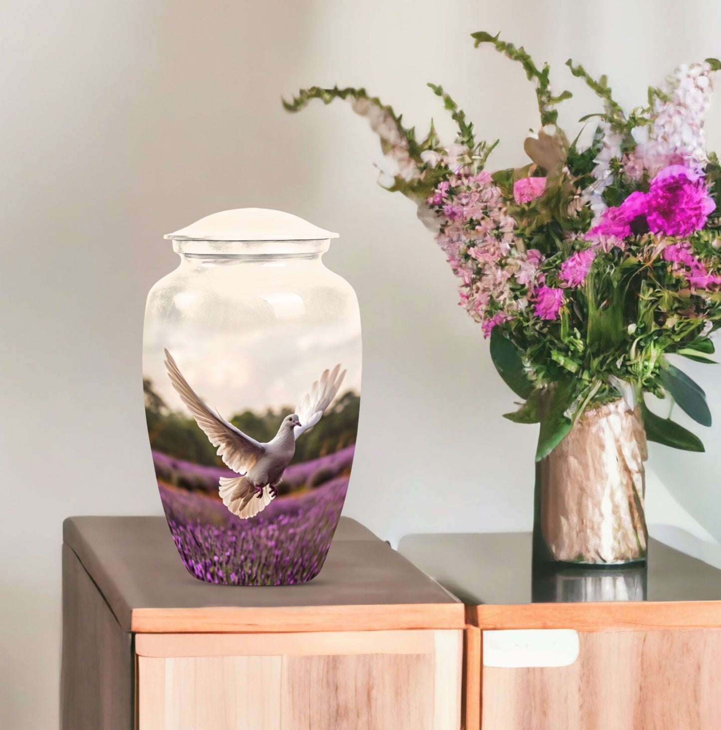 10 Inch white dove on purple classic urn.