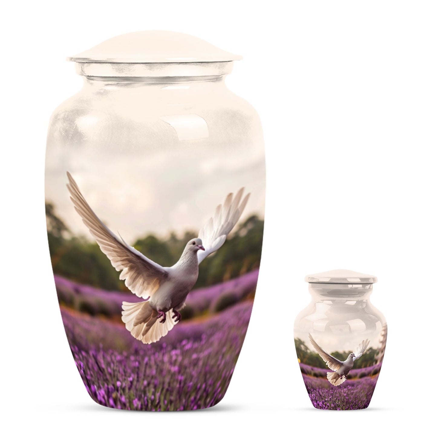 10 Inch white dove on purple classic urn.