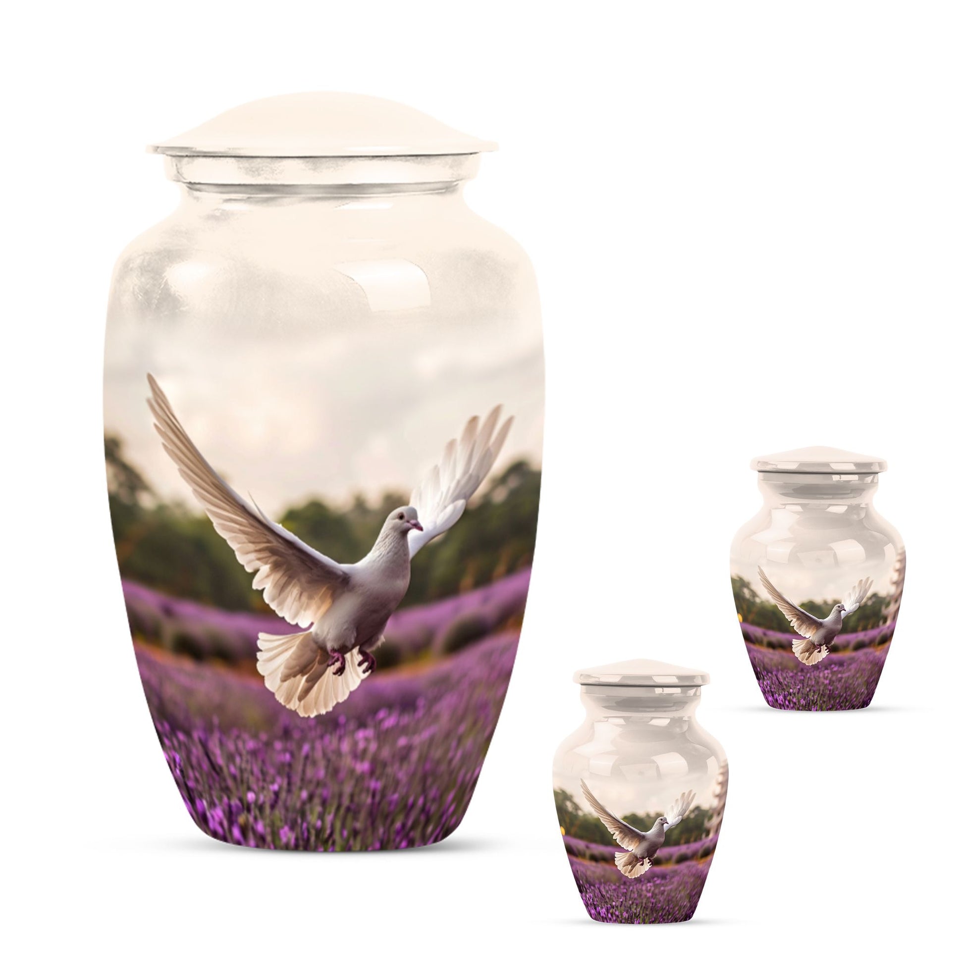 White Dove On Purple Theme Large Urn With 2 Keepsake Urn