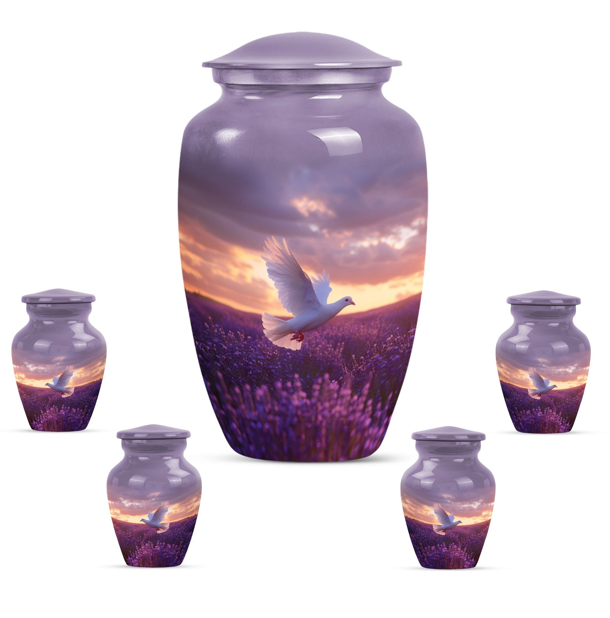 White Dove On Purple Theme Large Urn With 4 Keepsake Urn