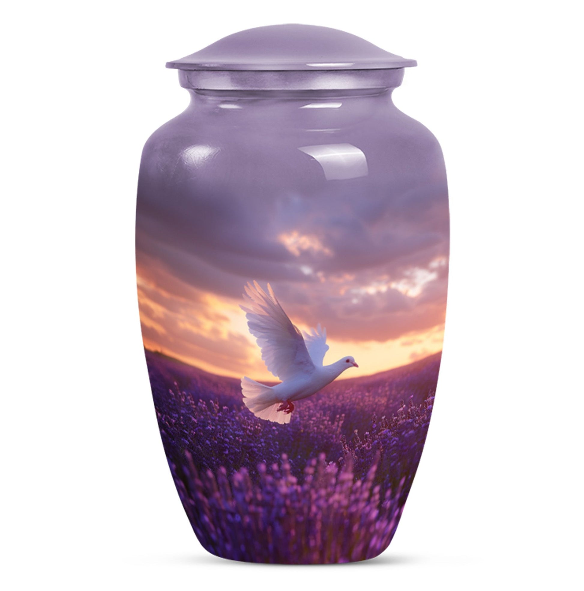 White Dove On Purple Theme Large Urn 10 Inch