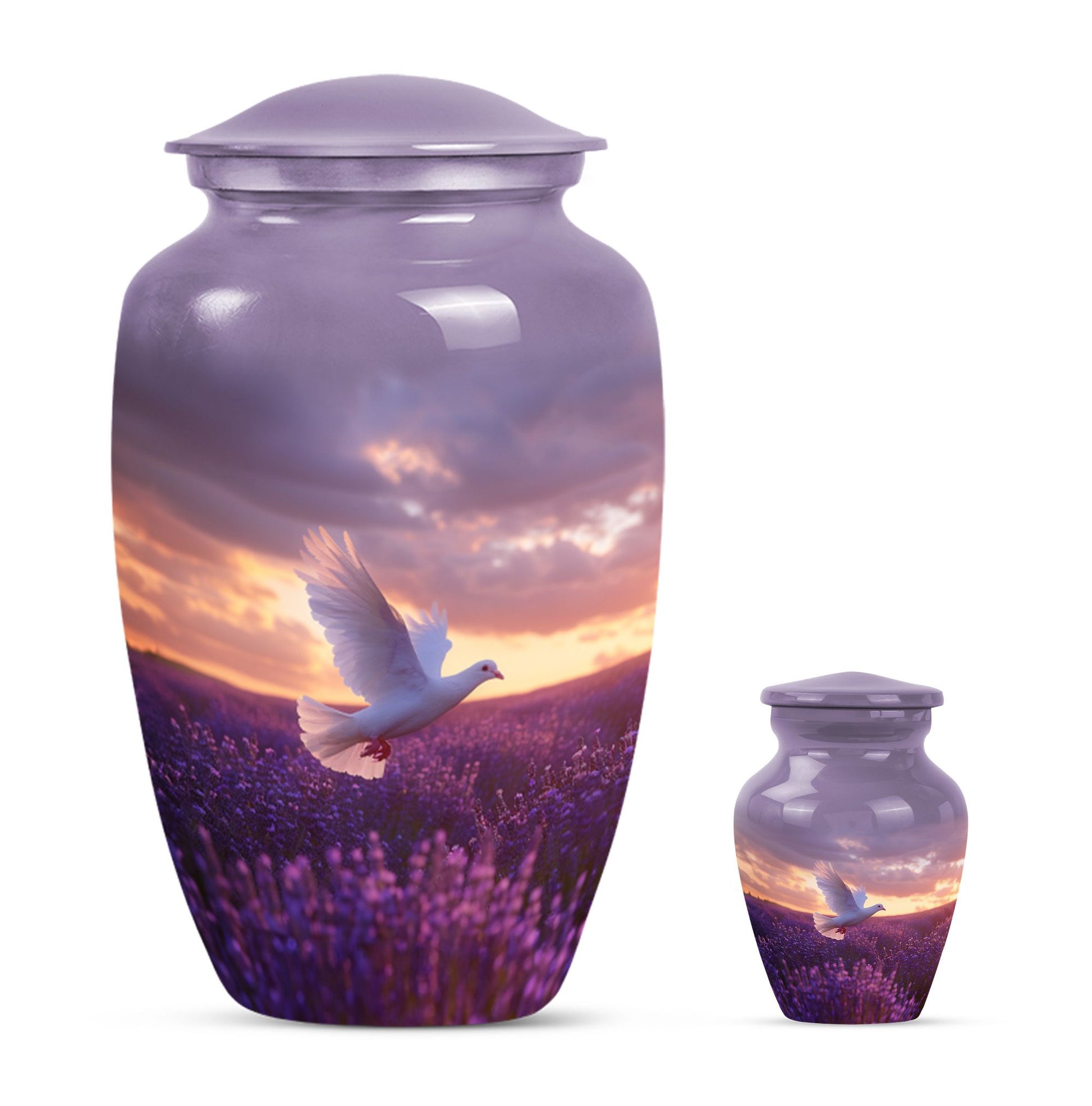 White Dove On Purple Theme Large Urn With 1 Keepsake Urn