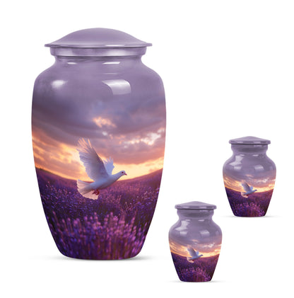White Dove On Purple Theme Large Urn With 2 Keepsake Urn