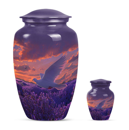 White Dove On Purple Theme Large Urn With 1 Keepsake Urn