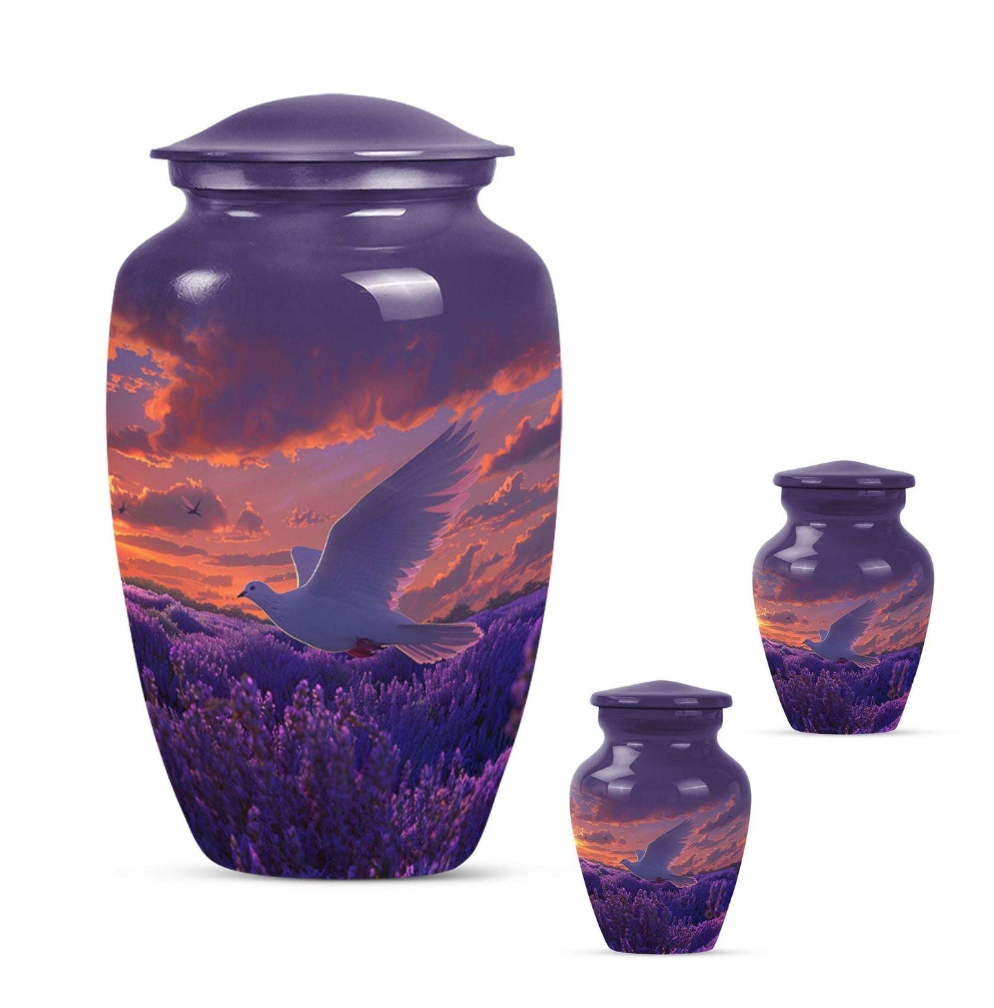 White Dove On Purple Theme Large Urn With 2 Keepsake Urn
