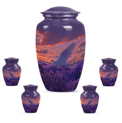 Classic 10-inch aluminum white dove on purple cremation urn.