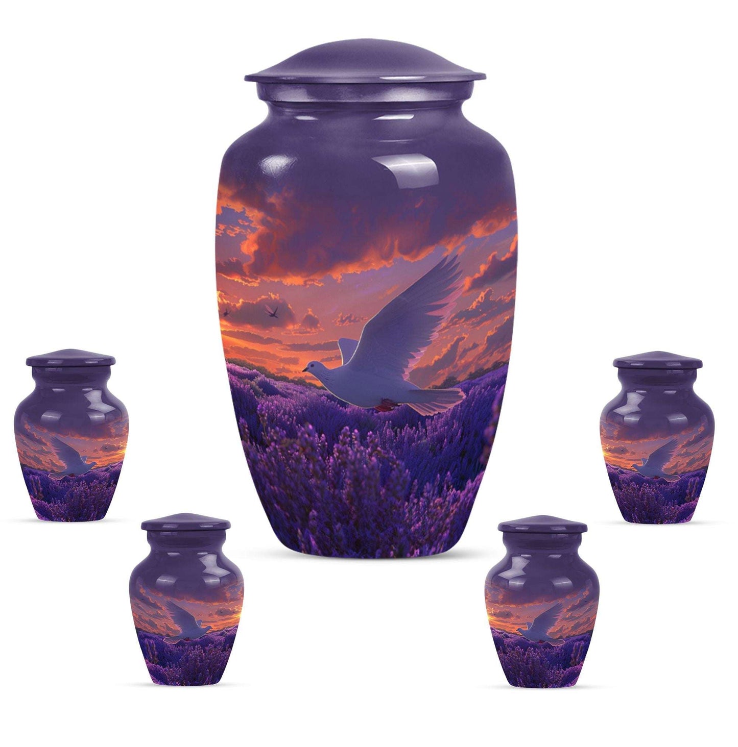 White Dove On Purple Theme Large Urn With 4 Keepsake Urn