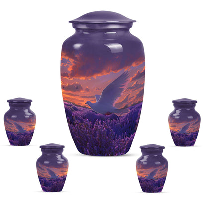 White Dove On Purple Theme Large Urn With 4 Keepsake Urn