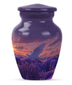 Classic 10-inch aluminum white dove on purple cremation urn.
