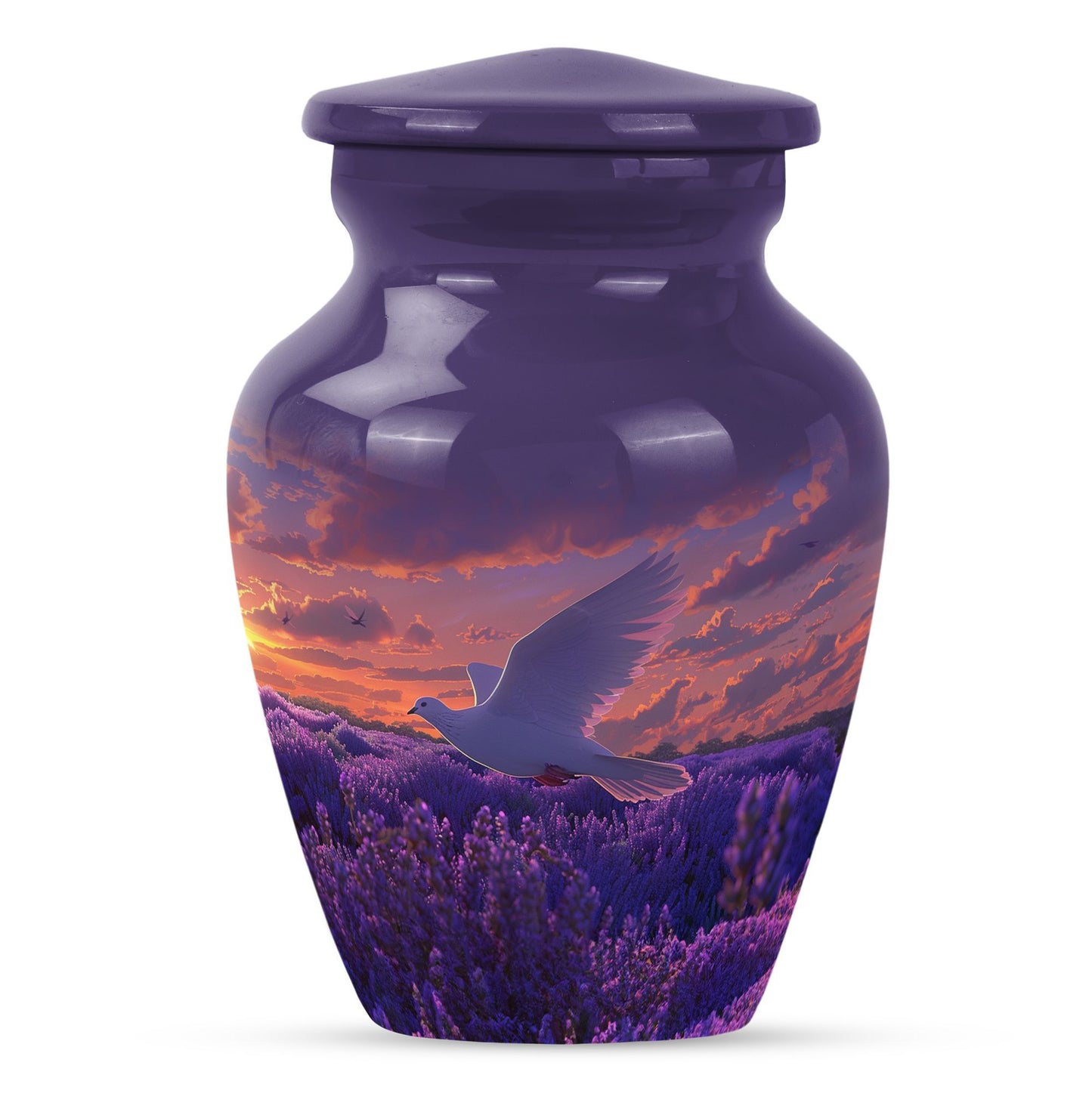 Classic 10-inch aluminum white dove on purple cremation urn.