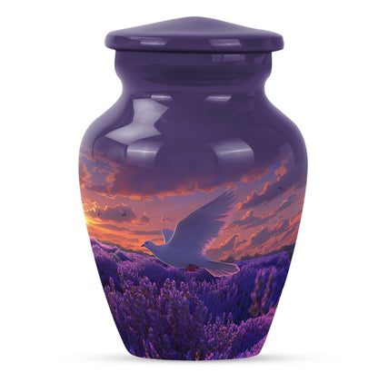 Classic 10-inch aluminum white dove on purple cremation urn.