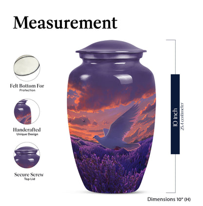 Classic 10-inch aluminum white dove on purple cremation urn.