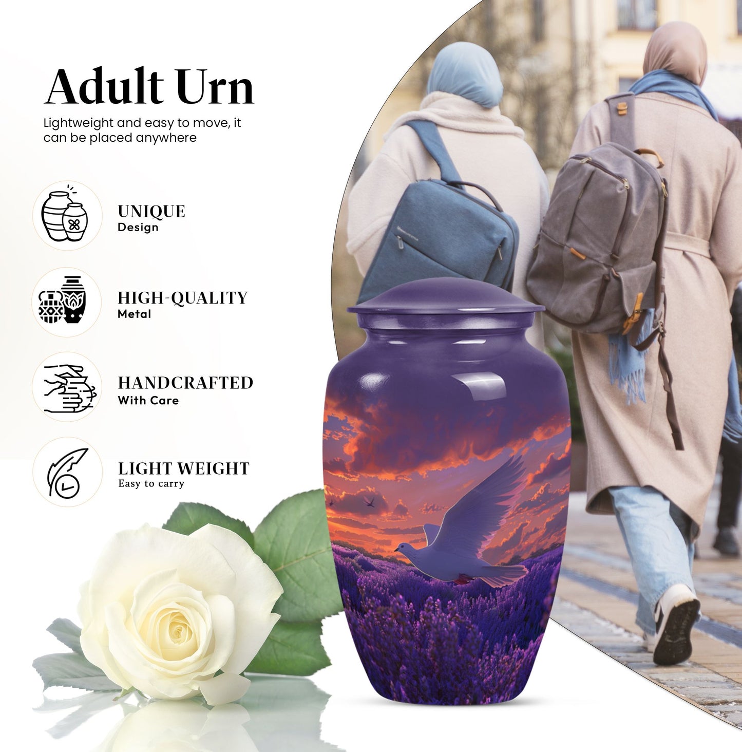 Classic 10-inch aluminum white dove on purple cremation urn.