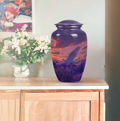 Classic 10-inch aluminum white dove on purple cremation urn.