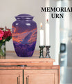 Classic 10-inch aluminum white dove on purple cremation urn.