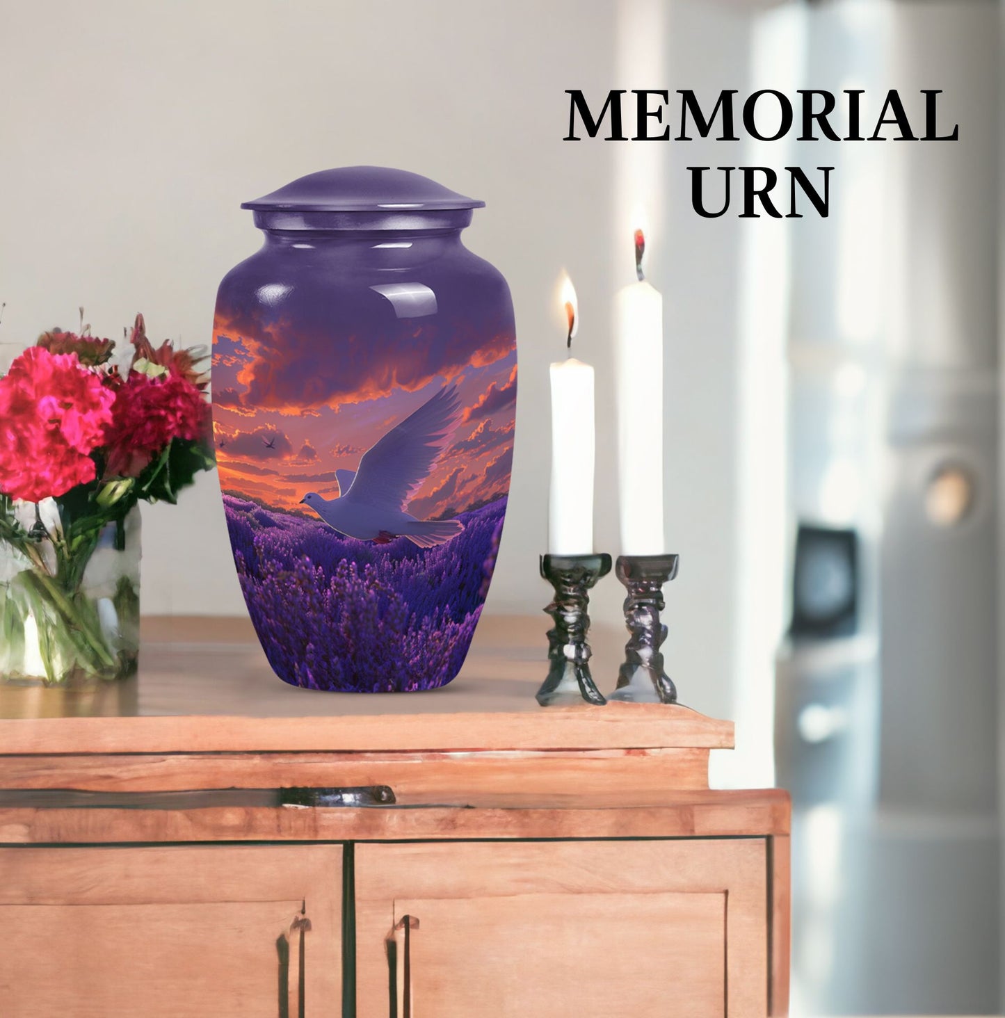 Classic 10-inch aluminum white dove on purple cremation urn.