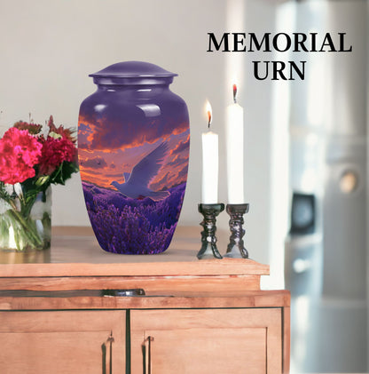 Classic 10-inch aluminum white dove on purple cremation urn.