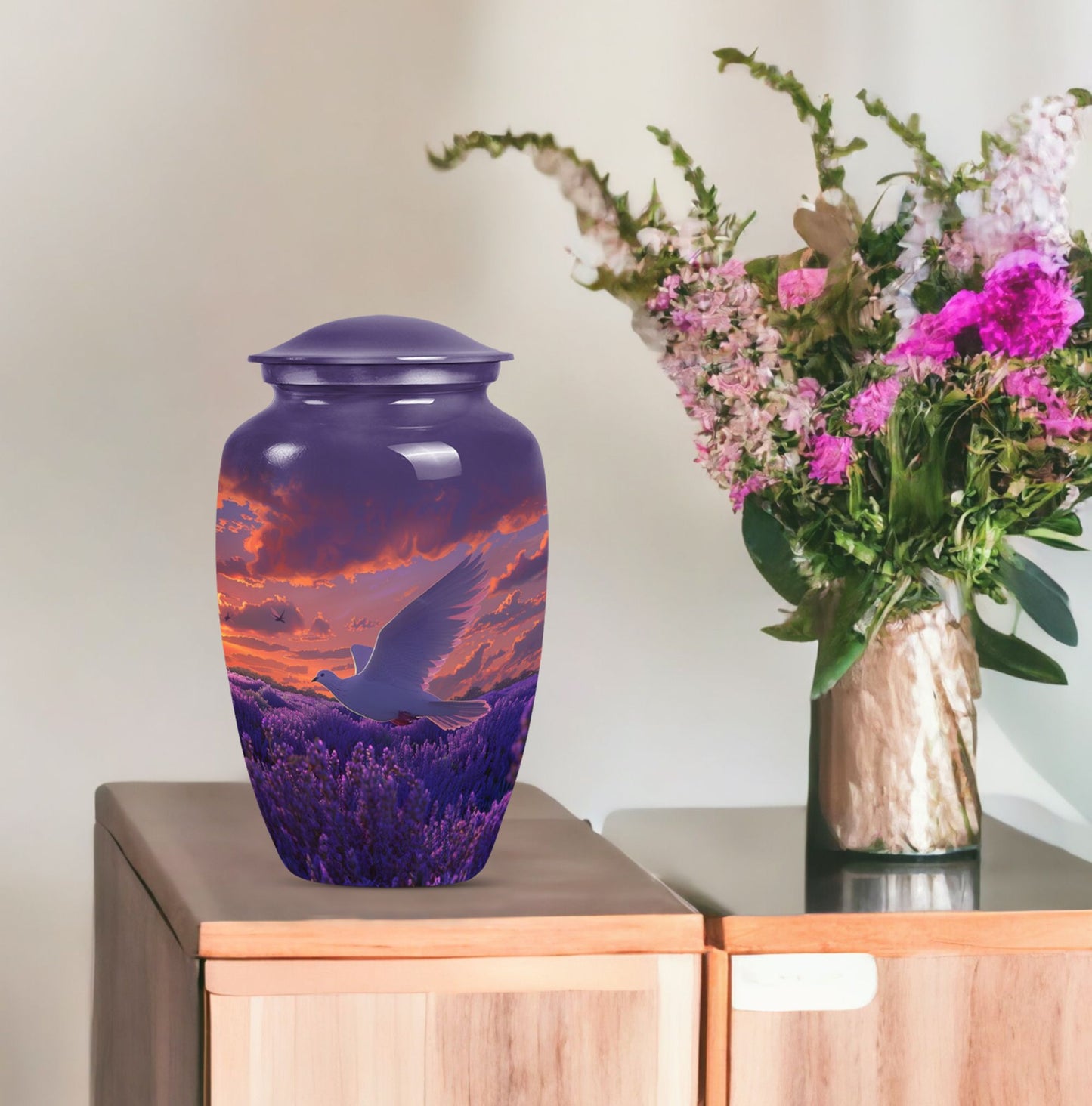Classic 10-inch aluminum white dove on purple cremation urn.