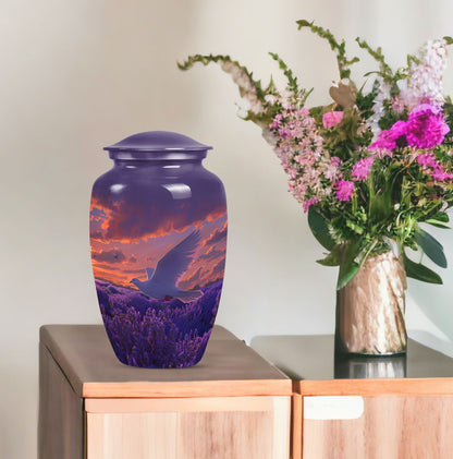 Classic 10-inch aluminum white dove on purple cremation urn.