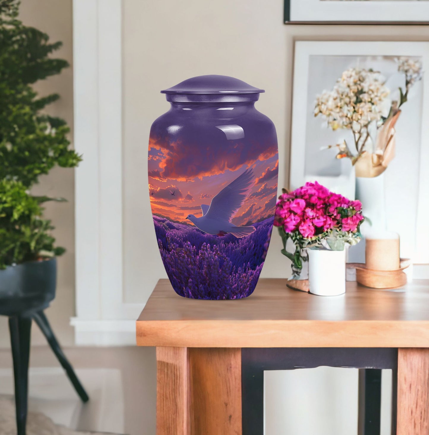 Classic 10-inch aluminum white dove on purple cremation urn.