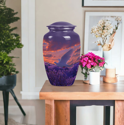 Classic 10-inch aluminum white dove on purple cremation urn.