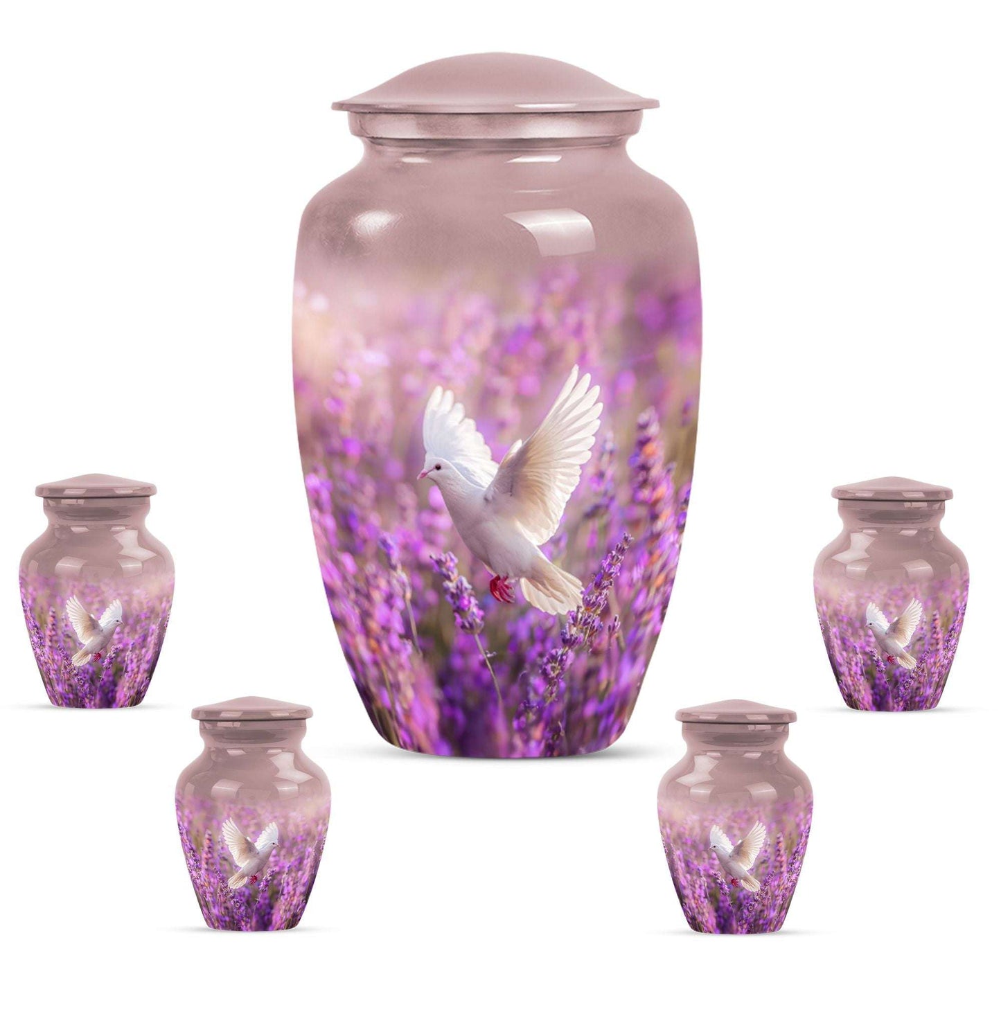 White Dove On Purple Theme Large Urn With 4 Keepsake Urn