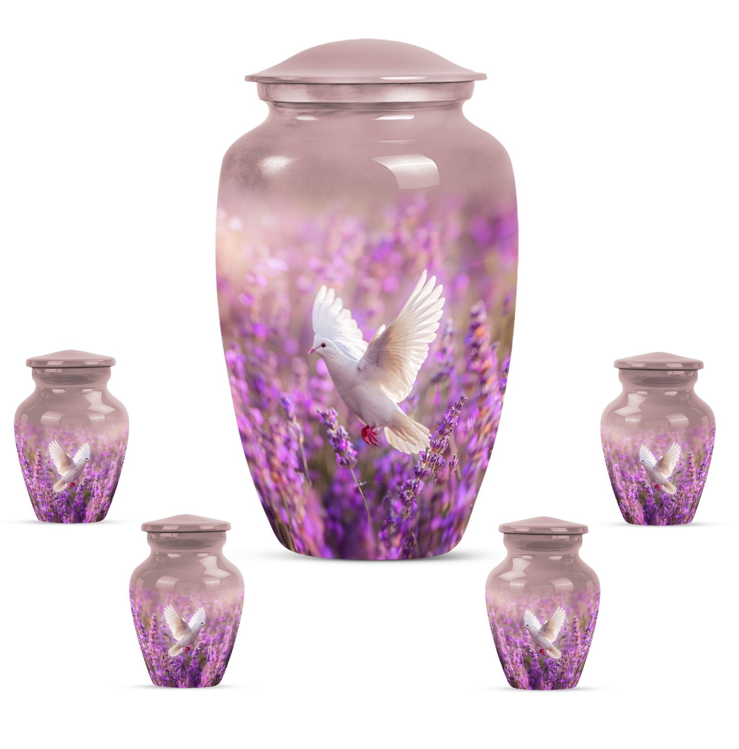 Classic 10-inch purple urn with a white dove design,