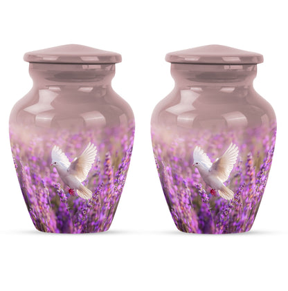 Classic 10-inch purple urn with a white dove design,