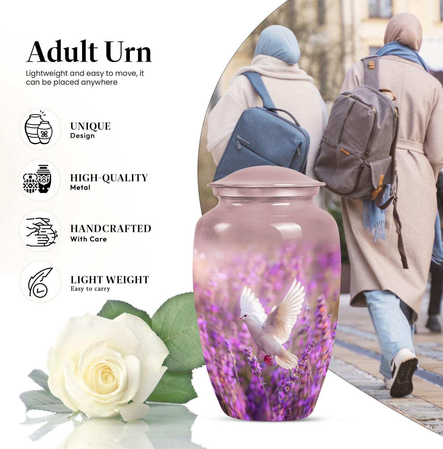 Classic 10-inch purple urn with a white dove design,