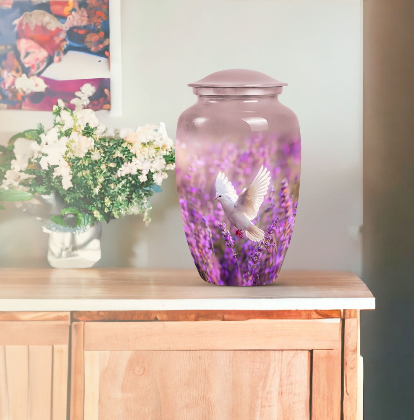 Classic 10-inch purple urn with a white dove design,