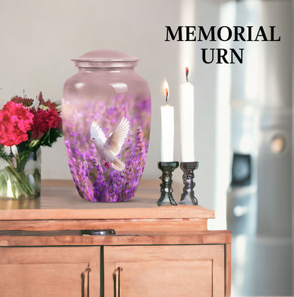 Classic 10-inch purple urn with a white dove design,