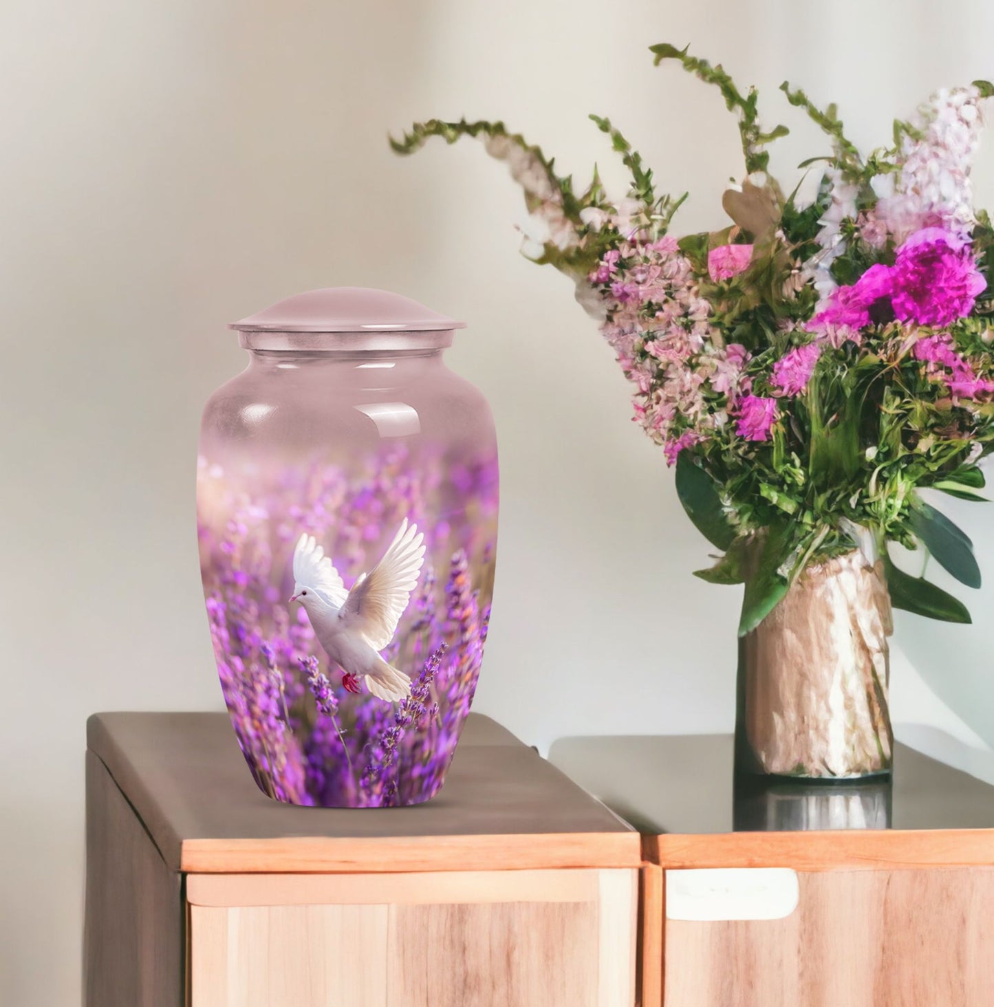 Classic 10-inch purple urn with a white dove design,