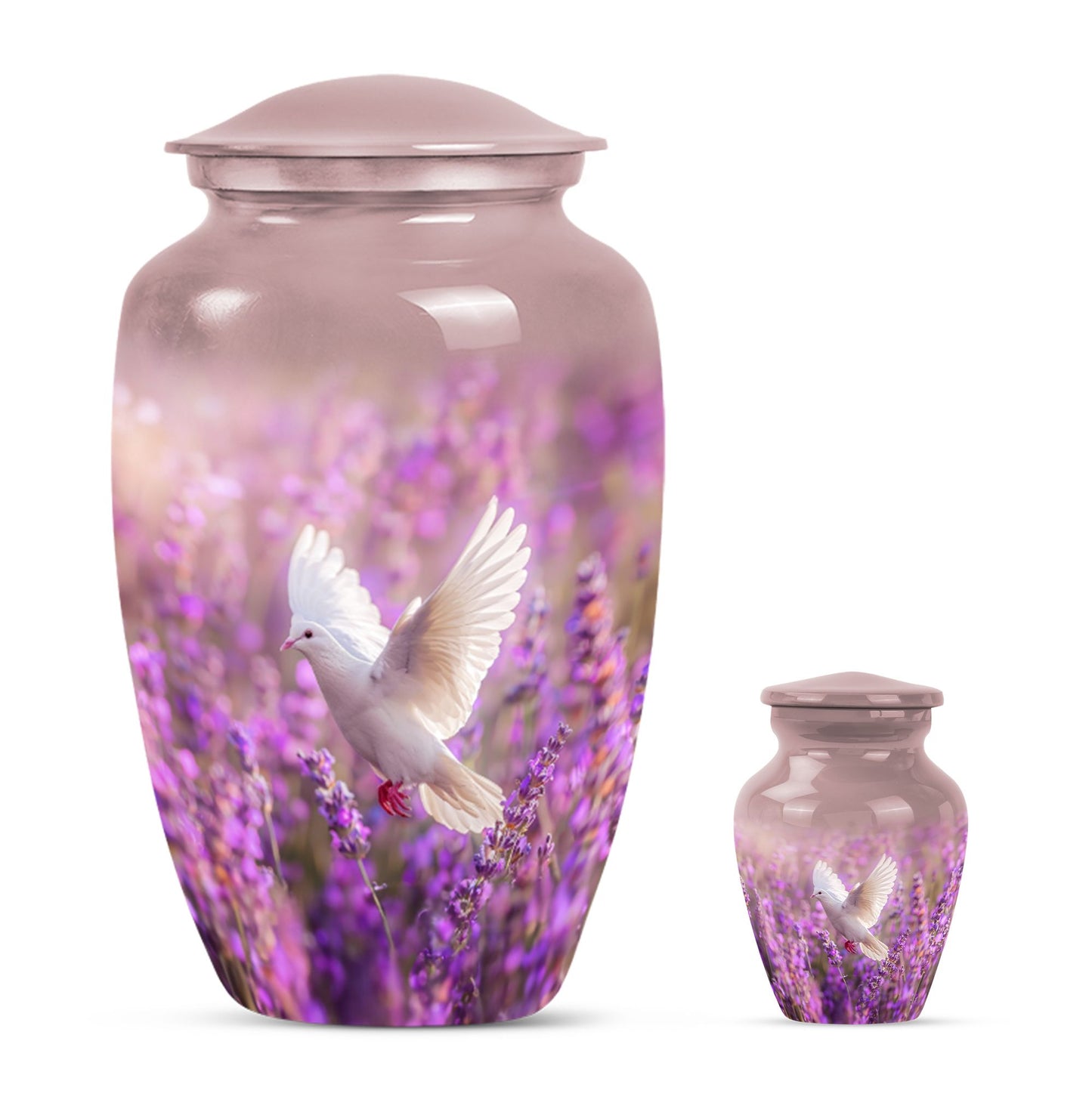 White Dove On Purple Theme Large Urn With 1 Keepsake Urn