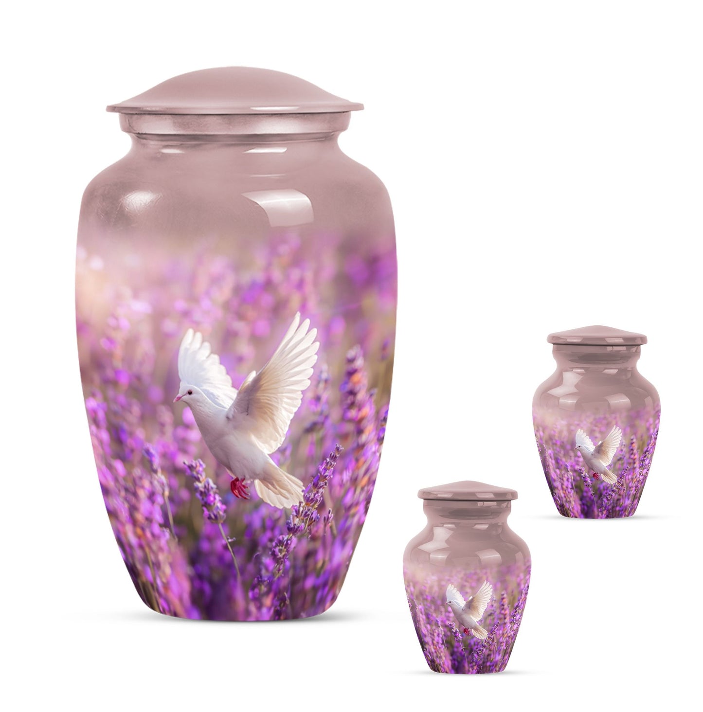 Classic 10-inch purple urn with a white dove design,