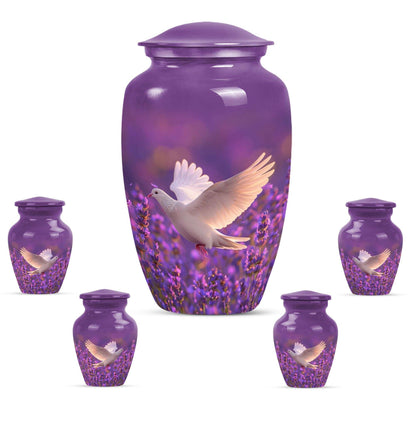 White Dove On Purple Theme Large Urn With 4 Keepsake Urn