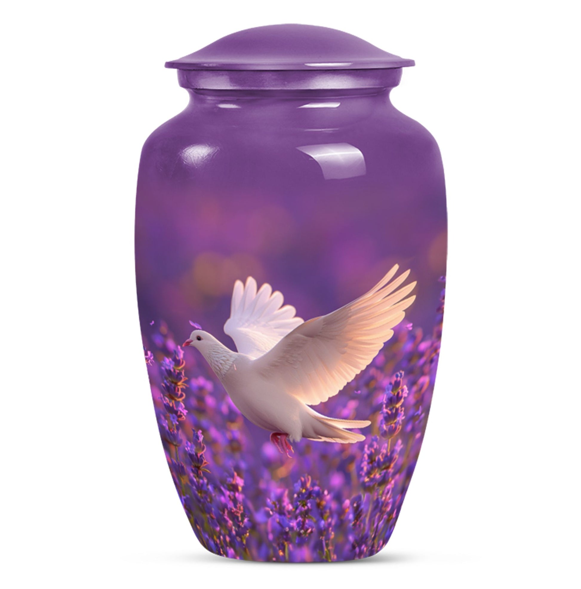 White Dove On Purple Theme Large Urn 10 Inch