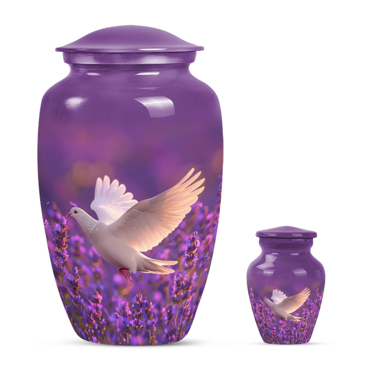 White Dove On Purple Theme Large Urn With 1 Keepsake Urn