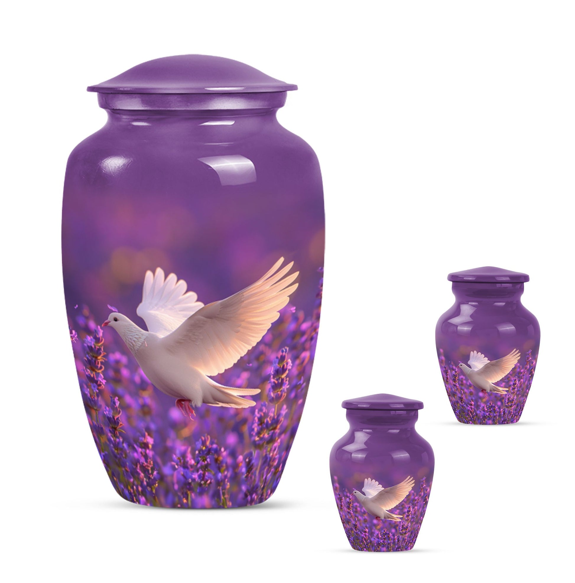 White Dove On Purple Theme Large Urn With 2 Keepsake Urn