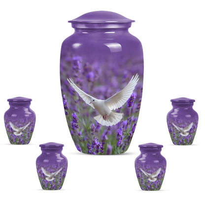 White dove on a classic purple urn.