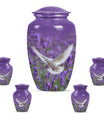 White Dove On Purple Theme Large Urn With 4 Keepsake Urn