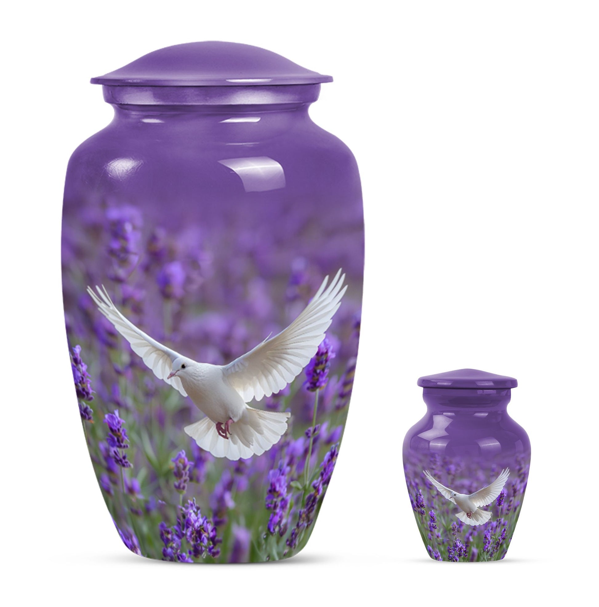 White Dove On Purple Theme Large Urn With 1 Keepsake Urn