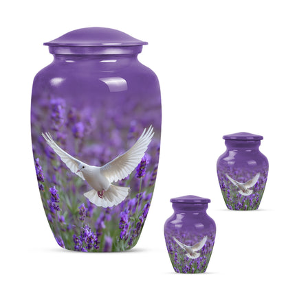 White Dove On Purple Theme Large Urn With 2 Keepsake Urn