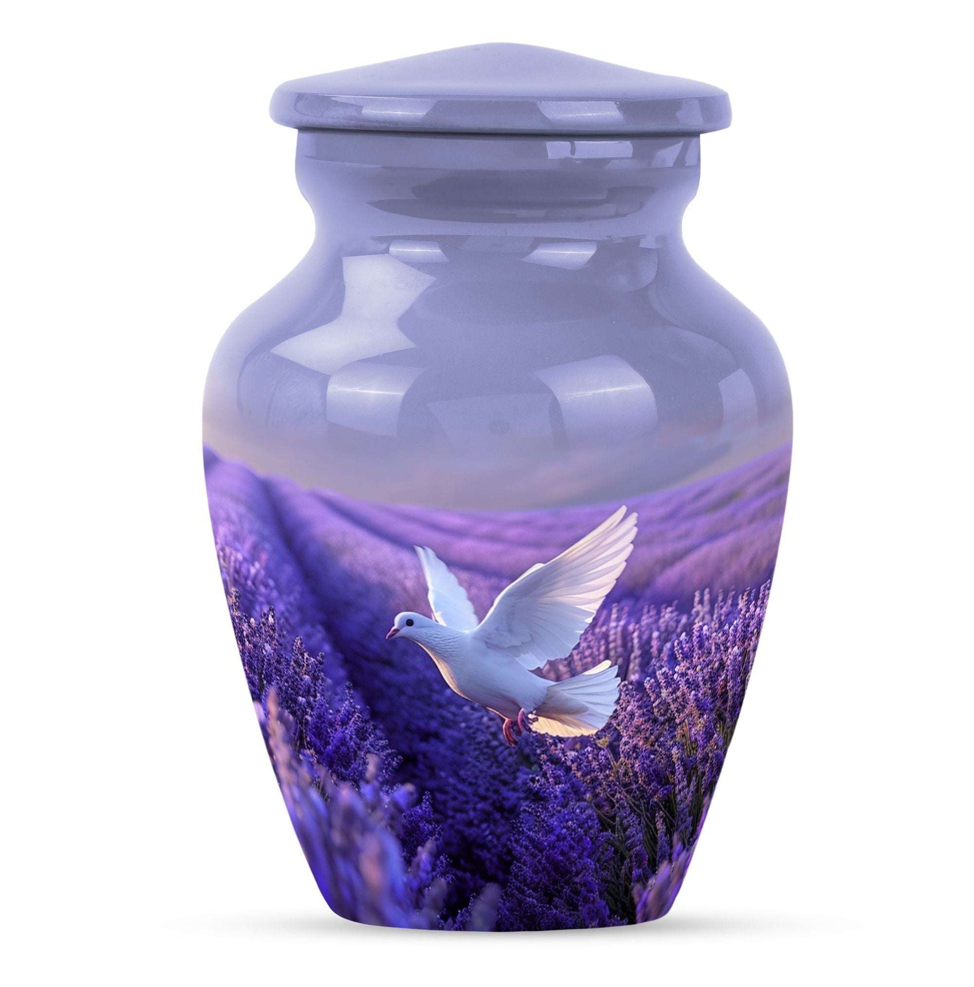 white dove on purple metal urn 