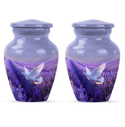 white dove on purple metal urn 