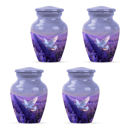 white dove on purple metal urn 