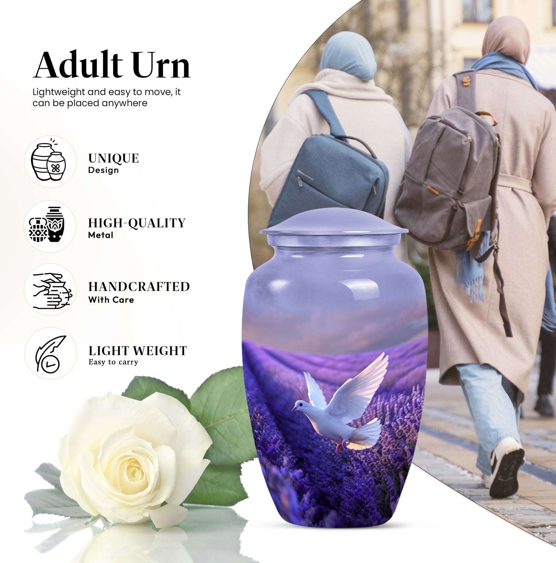 white dove on purple metal urn 